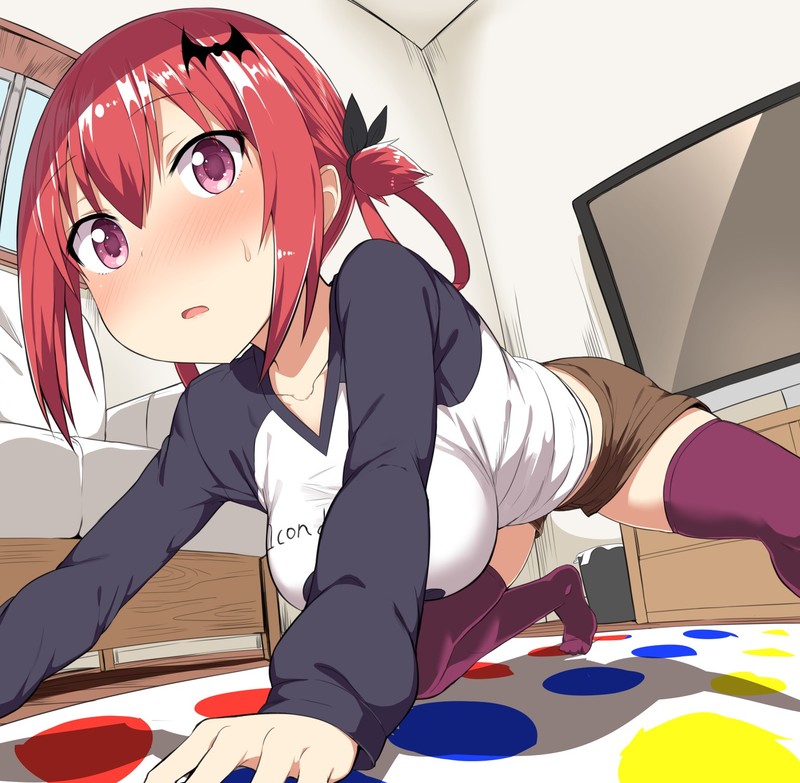 anime, anime girls, Satanichia McDowell Kurumizawa, Gabriel Dropout, looking at viewer, POV, red eyes, low-angle, twister