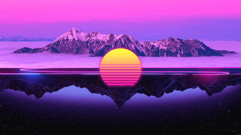 landscape, Retrowave, neon, digital art, mountains