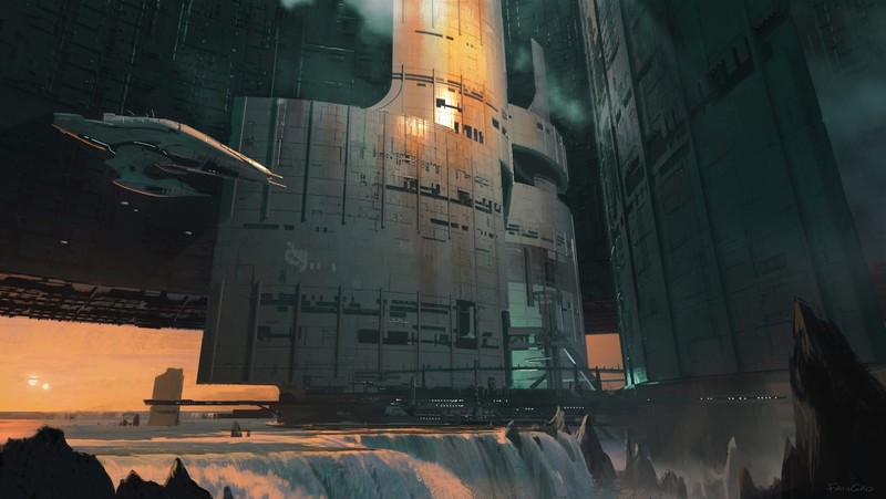 science fiction, space, spaceship, waterfall