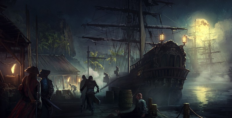 digital art, sailing ship, Sergey Zabelin, pirates, Moon, night, dock, sailors, stars, fantasy art