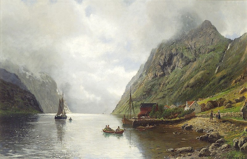 painting, landscape, Norway, villages, fjord, river, mountains, clouds, Anders Askevold