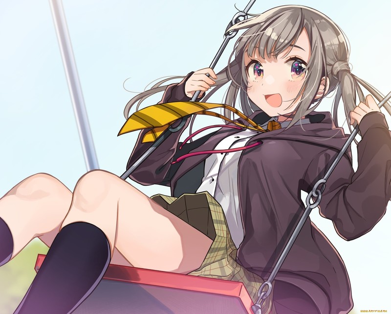 anime, anime girls, silver hair, tie, stockings, skirt, swing