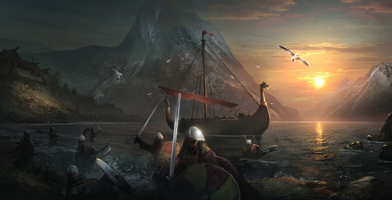 digital art, sailing ship, Sergey Zabelin, Vikings, mountains, sea, birds, battle, sword, sunrise, snowy peak