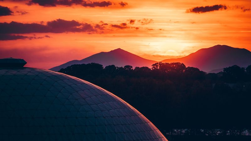 building, architecture, roof, sunset, mountains, trees, 4k