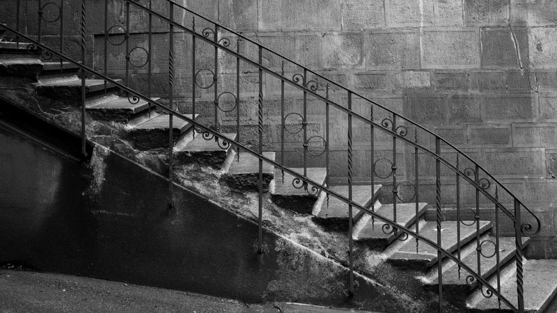 wall, stairs, bw, brick, railing, 4k