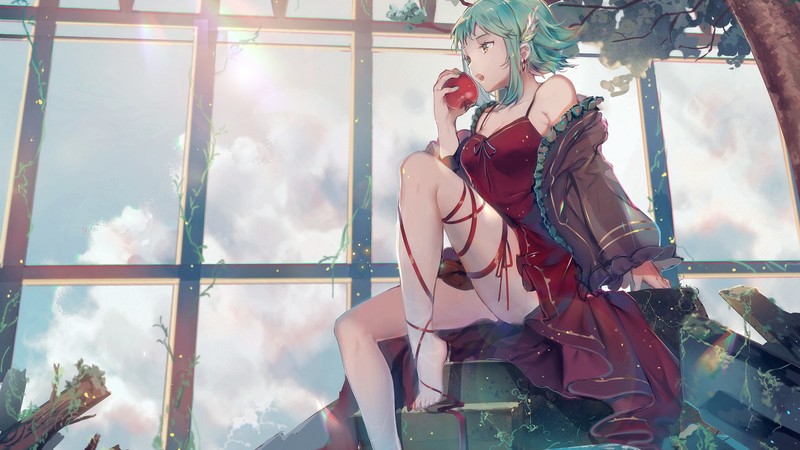 Vocaloid, apples, anime girls, green eyes, fruit, legs, anime
