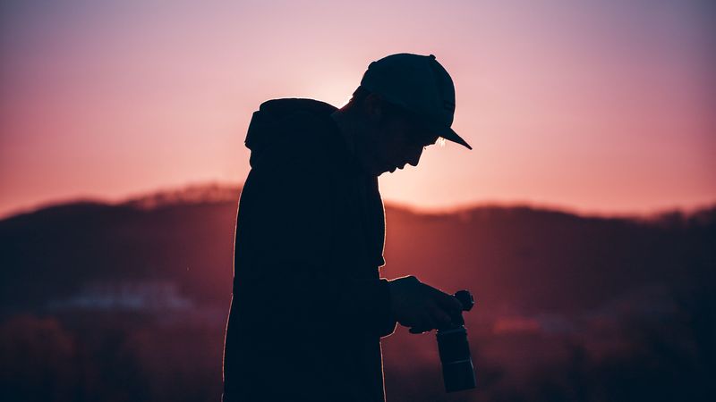 silhouette, photographer, dark, sunset, twilight, evening, 4k