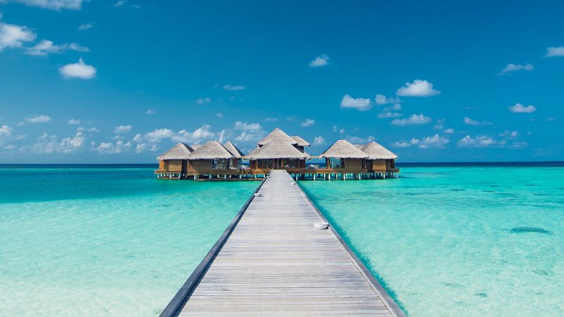bungalow, pier, ocean, tropics, rest, 4k