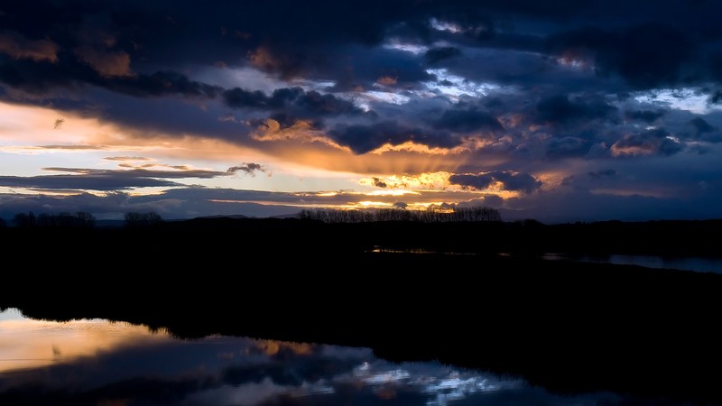 landscape, sunset, reflection, clouds
