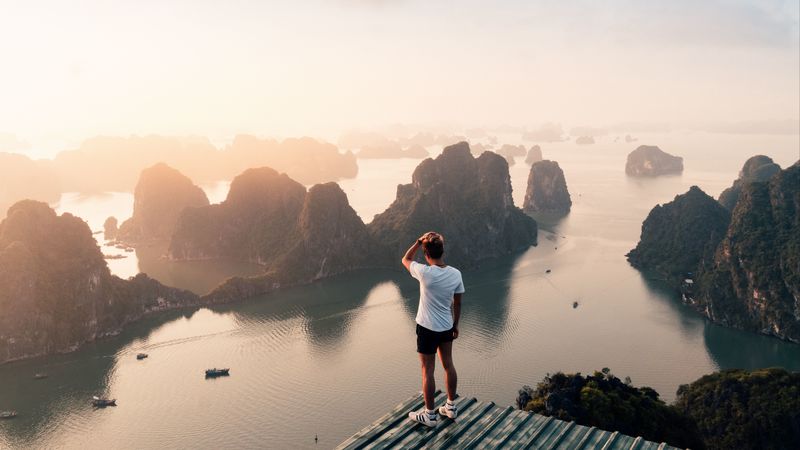 man, rocks, water, height, view, overview, 4k