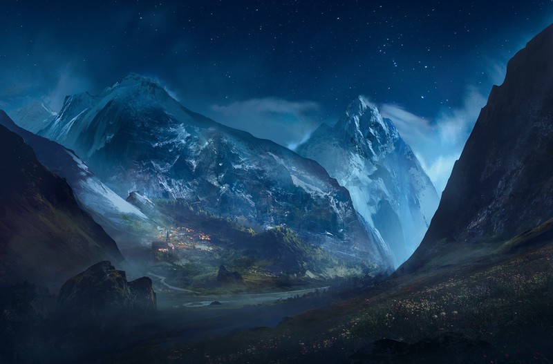 digital art, nature, landscape, hills, clouds, Sergey Zabelin, mountains, snowy peak, night, stars, rock, church, villages, valley, plants, fantasy art