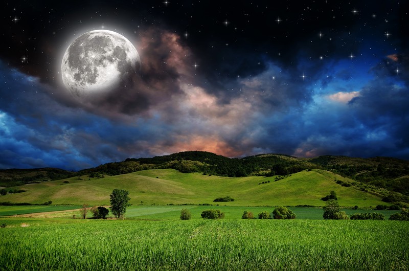digital art, nature, landscape, hills, clouds, photo manipulation, Moon, starry night, stars, trees, field, forest, space, grass