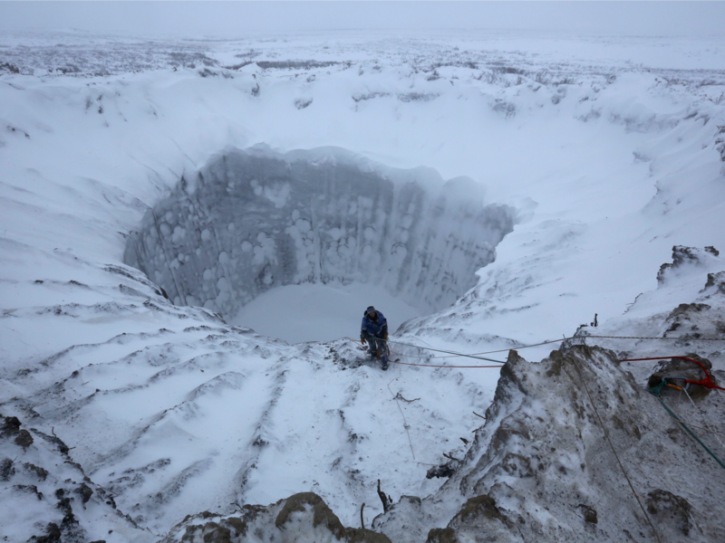 nature, landscape, aerial view, Siberia, Russia, winter, snow, men, rock climbing, crater, rock, ropes
