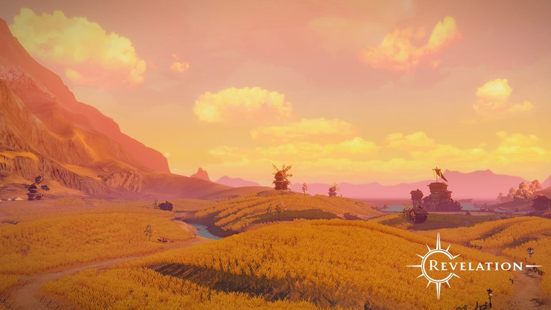 digital art, nature, landscape, hills, clouds, Revelation Online, video games, windmill, mountains, field
