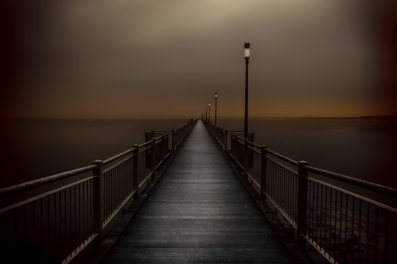 dark, lantern, pier, sky, sea