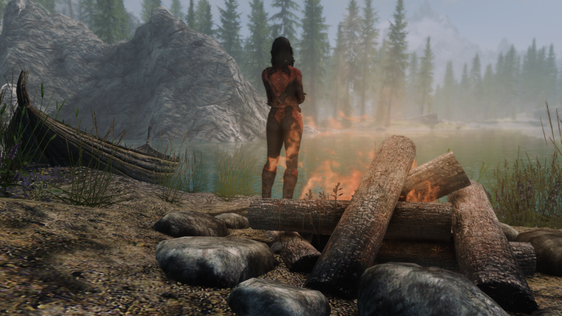 The Elder Scrolls V: Skyrim, bonfires, lake, forest, The Elder Scrolls, video games
