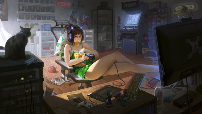 room, gamers, anime girls, cats, anime, Artorias the Abysswalker, Super Mario, Luigi, Harman Kardon