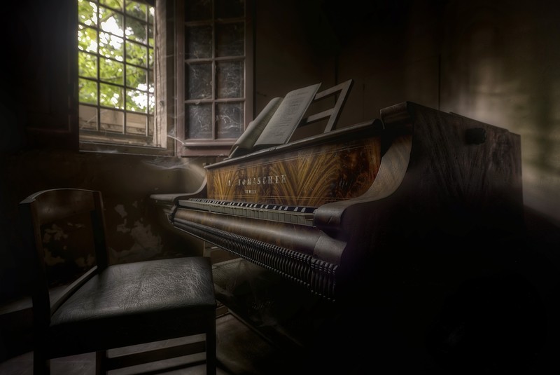 dark, piano, room, window, musical instrument