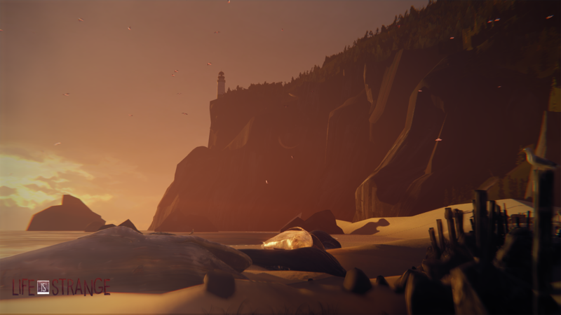 Arcadia Bay, Life Is Strange, sunset, lighthouse, whale, beach, water, sand, rock, seagulls, video games