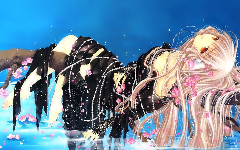 Chobits, Chii, anime girls, red eyes, blonde, water, flowers, long hair
