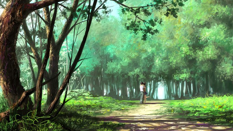 couple, hugs, art, forest, park, love, romance, 4k