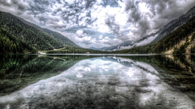 calm, clouds, mist, forest, overcast, lake, mountains, landscape, nature, outdoors, panoramas, reflection, wood, water