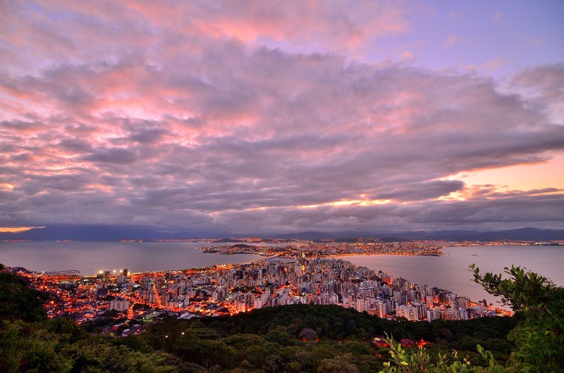 beach, Brazil, city, building, lights, dusk, mountains, sea, summer, sunset, forest, wood