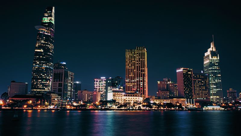 city, buildings, night, coast, 4k