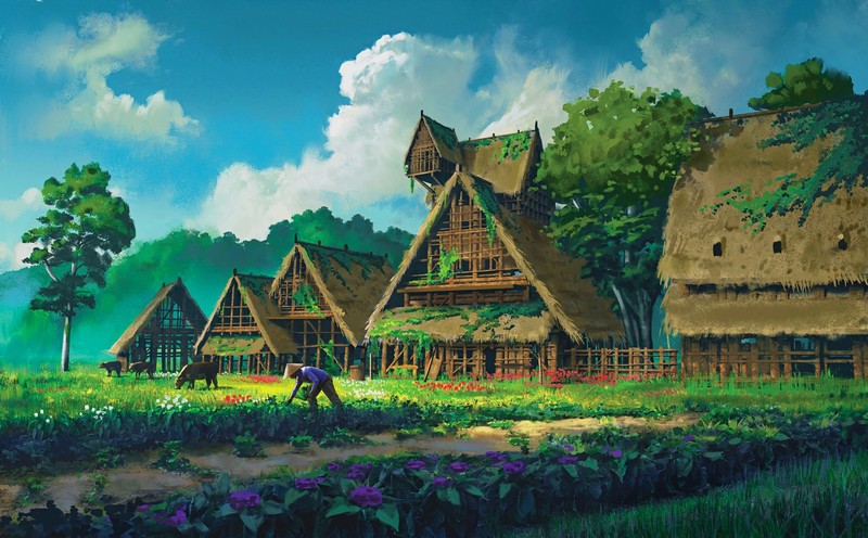 digital art, artwork, landscape, farm, farmers