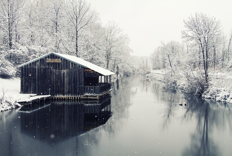 river, hut, water, winter