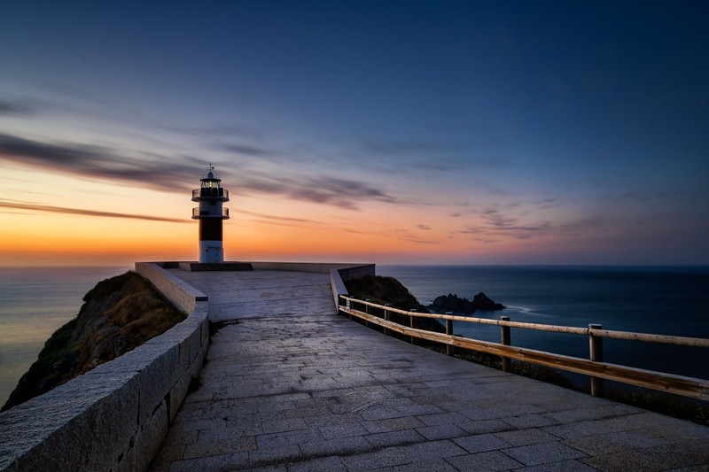 lighthouse, sky, blue, sea, calm, sunset, pavements, dusk