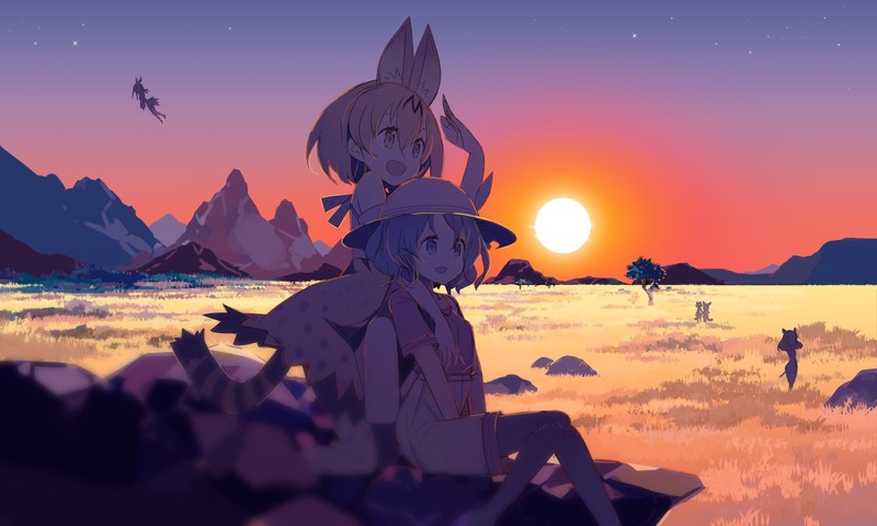 anime, anime girls, animal ears, Kemono Friends, sunset
