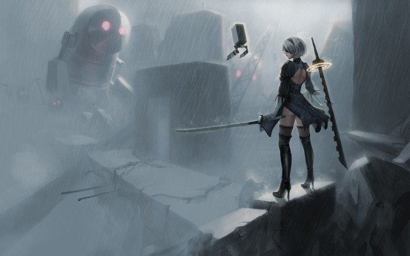 2B (Nier: Automata), fan art, katana, Nier: Automata, rain, NieR