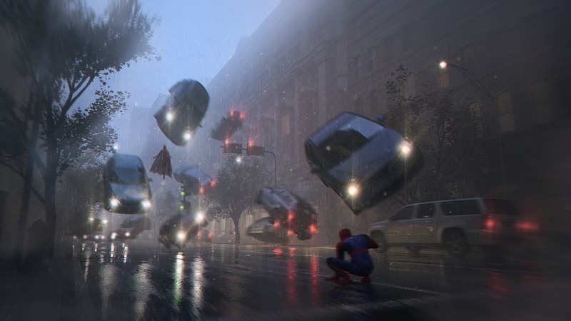 digital art, street, rain, Magneto, Spider-Man, comic art