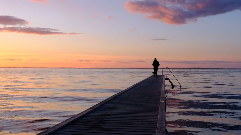 pier, sea, silhouette, loneliness, horizon, distance, 4k