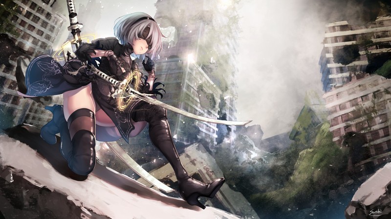 2B (Nier: Automata), katana, blindfold, Nier: Automata, NieR