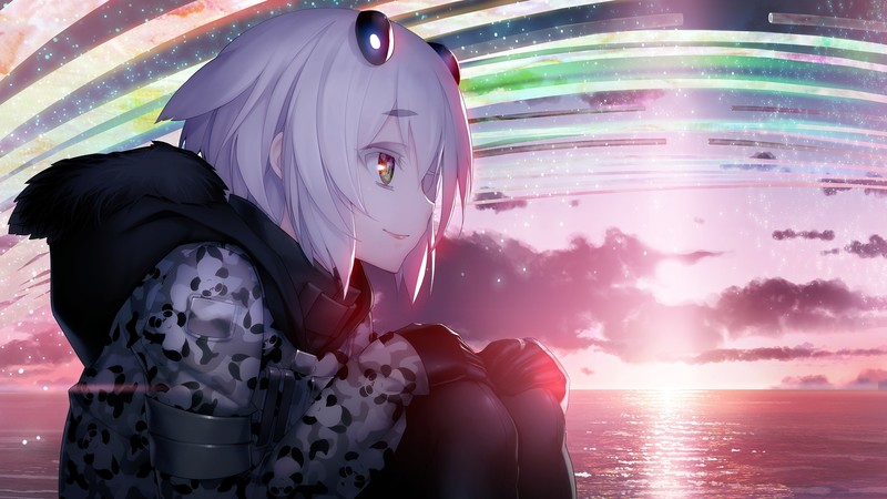anime, anime girls, white hair, sea, sunset