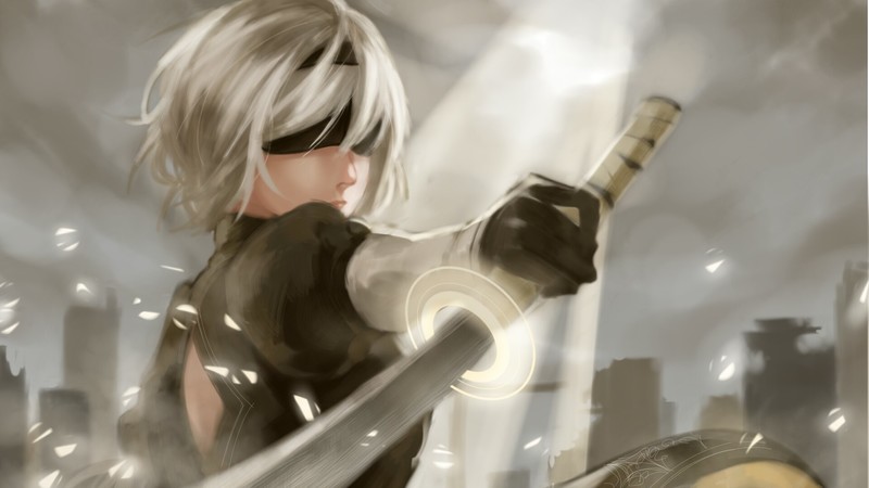 2B (Nier: Automata), blindfold, katana, Nier: Automata, NieR