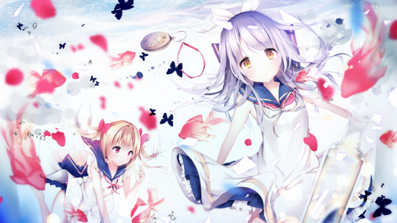 white, red petals, anime girls, purple hair