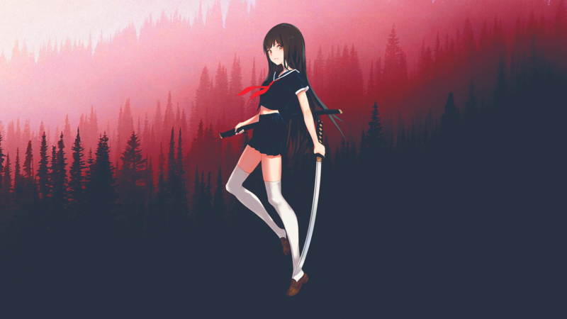 katana, anime girls, picture-in-picture