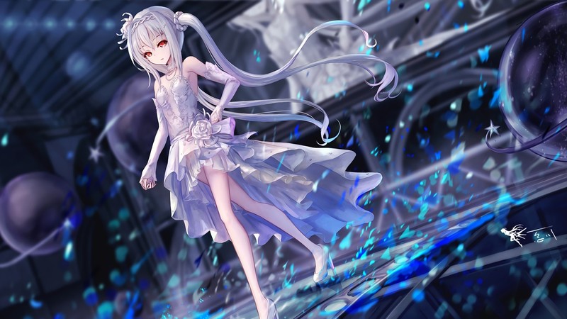 anime, anime girls, white hair, white dress, long hair
