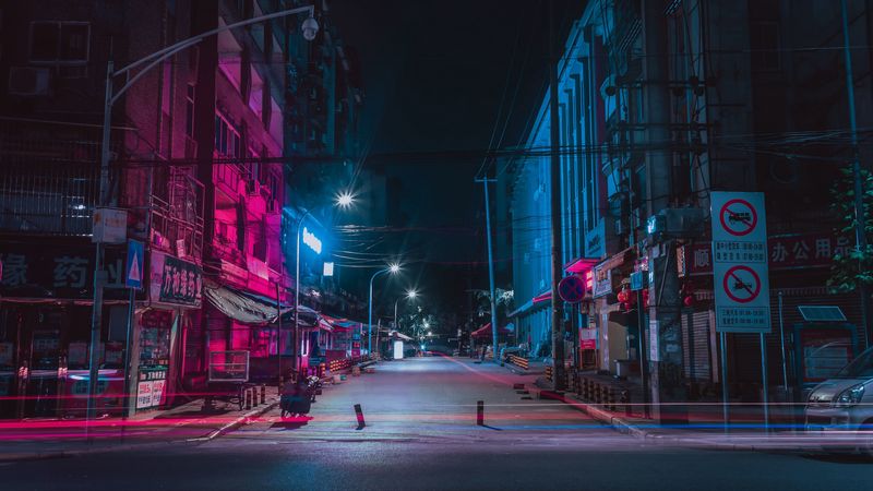 street, night city, neon, buildings, 4k