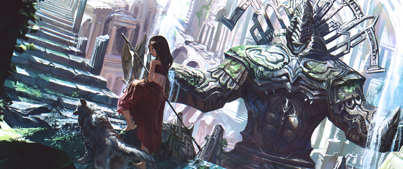 fantasy art, wolf, temple, anime girls