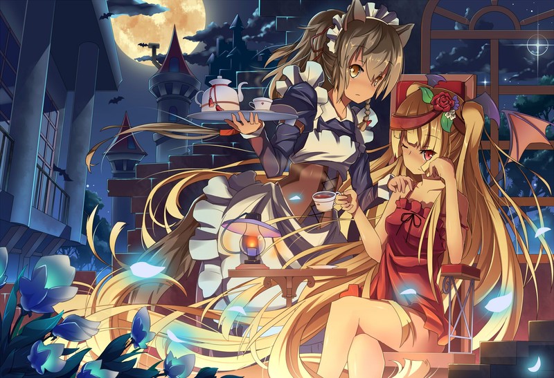 anime, anime girls, brunette, blonde, long hair, brown eyes, red eyes, hair ornament, maid outfit, cup, night, Moon, animal ears, wings