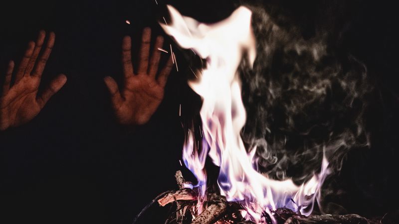 bonfire, fire, hands, flame, sparks, dark, 4k