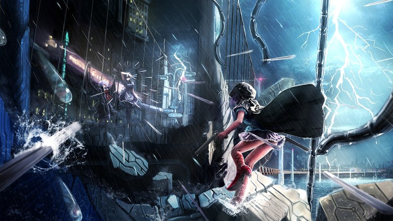 anime, anime girls, rain, gun