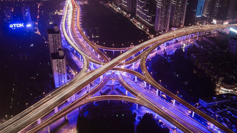 Freeway, night, cityscape