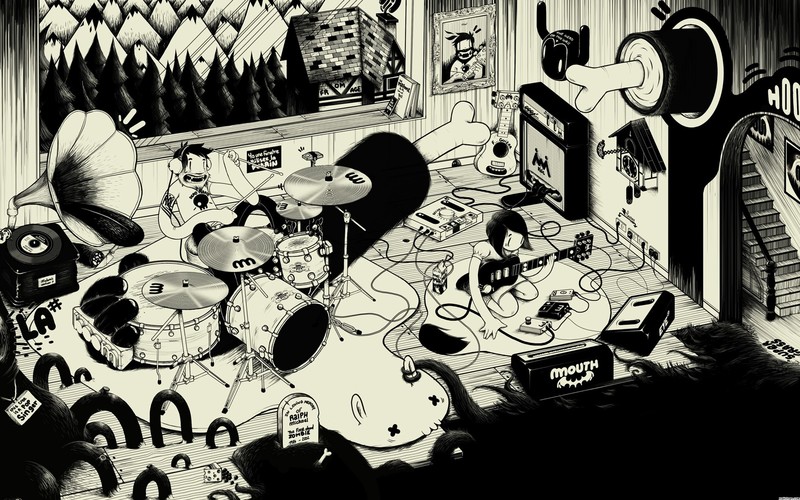music, cartoon, monochrome, anime, drums, artwork, beige, amplifiers