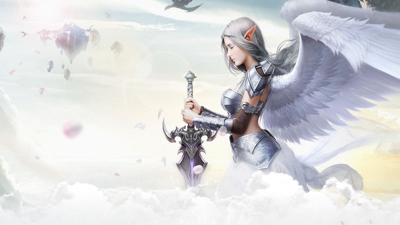 elves, wings, fantasy weapon, armor, clouds, cropped