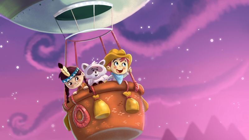 air balloon, children, raccoon, art, flight, travel, 4k
